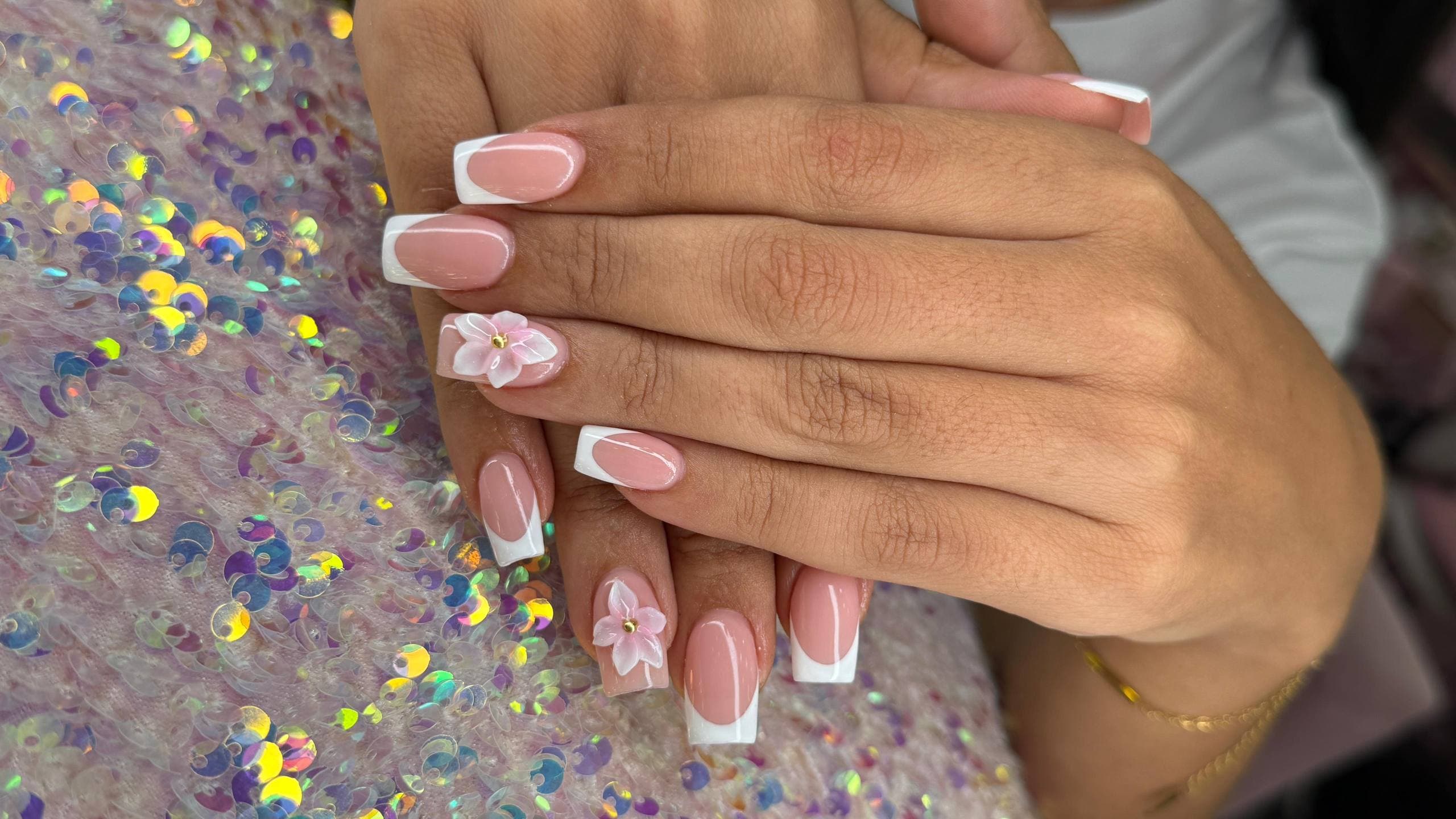 French nails with pink 3D flower